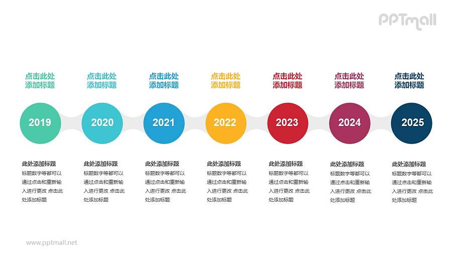 7个半透明圆形组成的时间轴递进关系PPT模板