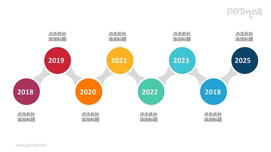 8个依次连接的彩色圆形时间轴递进关系PPT模板