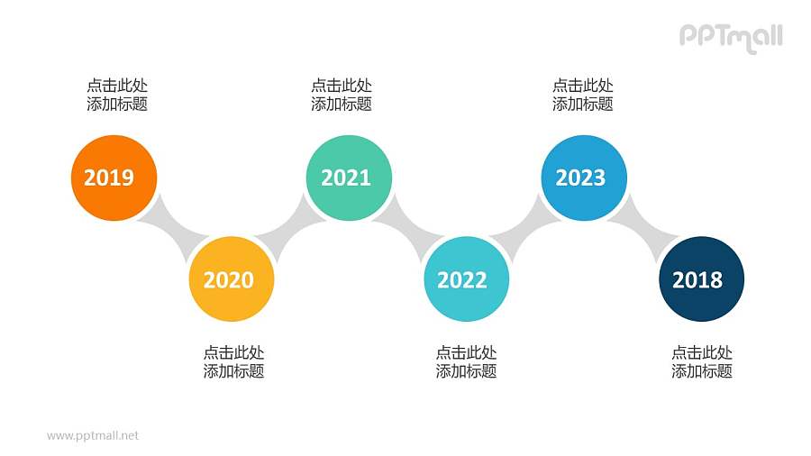 6个依次连接的彩色圆形时间轴递进关系PPT模板