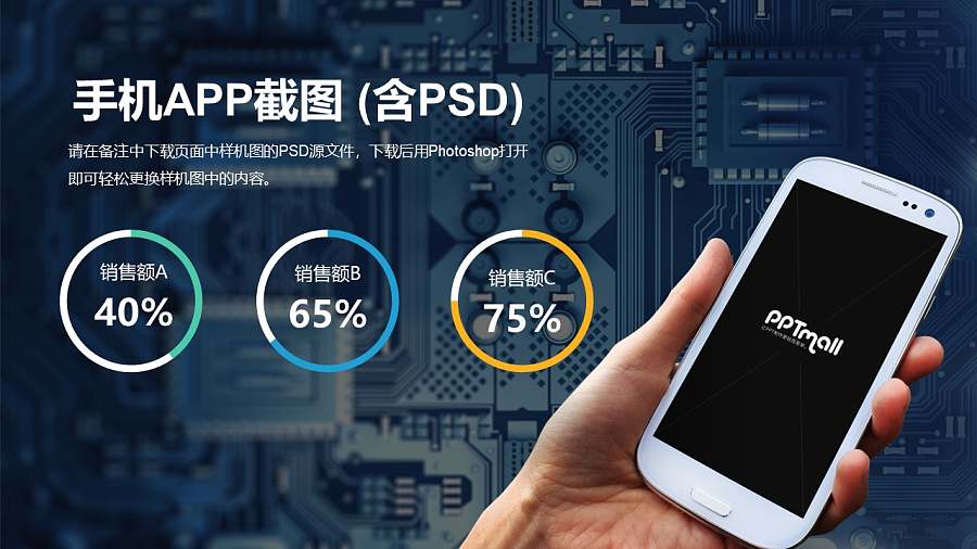 3部分数据展示的手持手机样机PPT素材模板下载