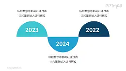 3个蓝绿色半圆形组成的时间轴递进关系PPT模板