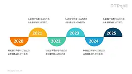 6个彩色的半圆形组成的时间轴递进关系PPT模板