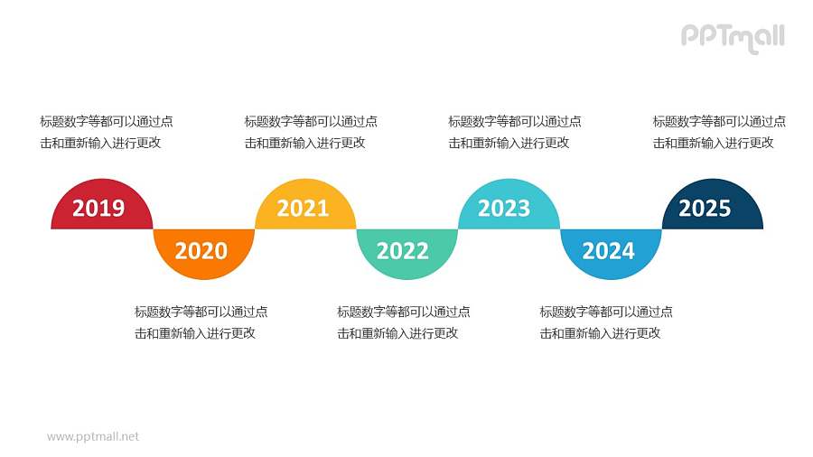 7个彩色的半圆形组成的时间轴递进关系PPT模板