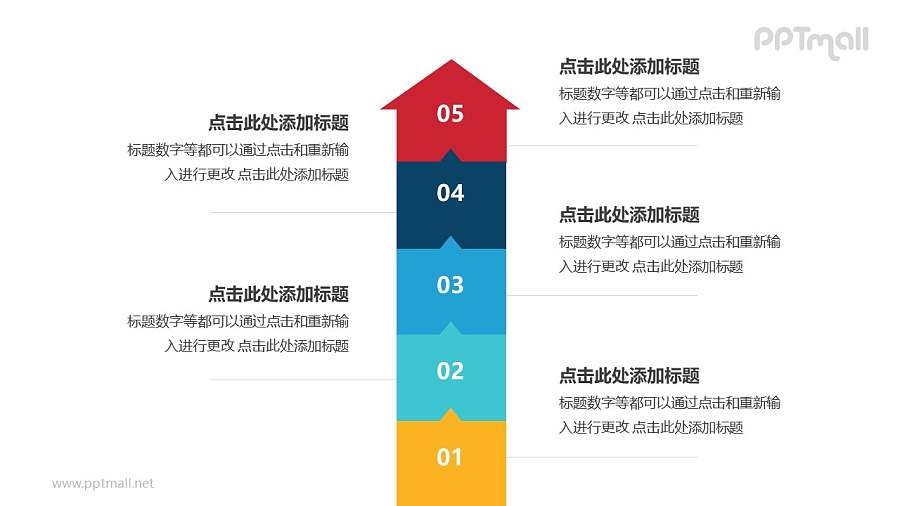 5个叠加的彩色箭头递进关系PPT模板