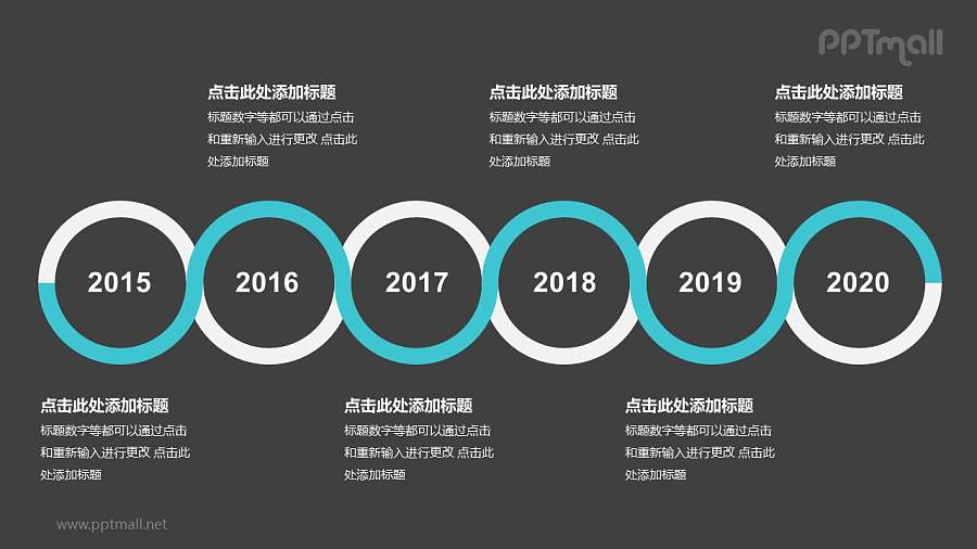 绿色线条组成的6个圆形时间轴递进关系逻辑图PPT模板