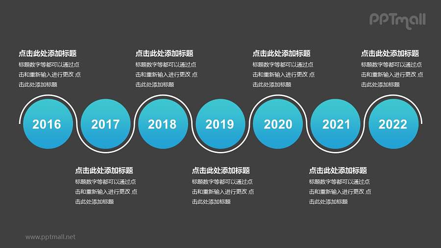 7个蓝色圆形组成的时间轴递进关系逻辑图PPT模板