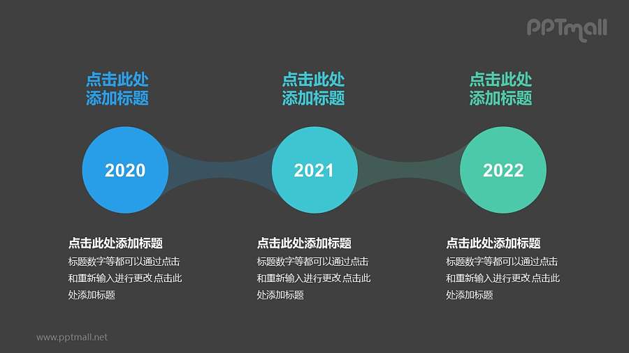3个蓝绿色半透明圆形组成的时间轴递进关系PPT模板