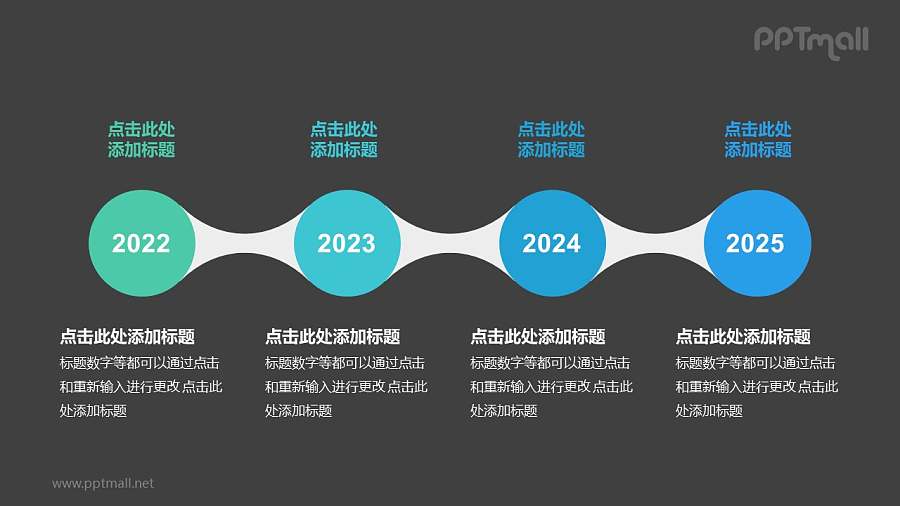 4个蓝绿色半透明圆形组成的时间轴递进关系PPT模板