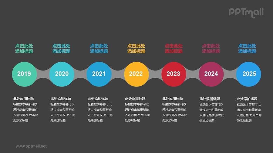 7个半透明圆形组成的时间轴递进关系PPT模板