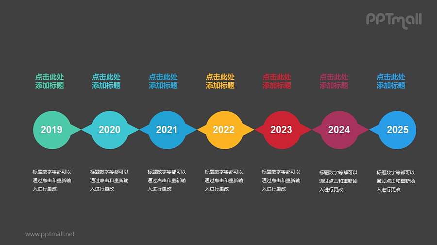 7个彩色椭圆形组成的时间轴递进关系PPT模板