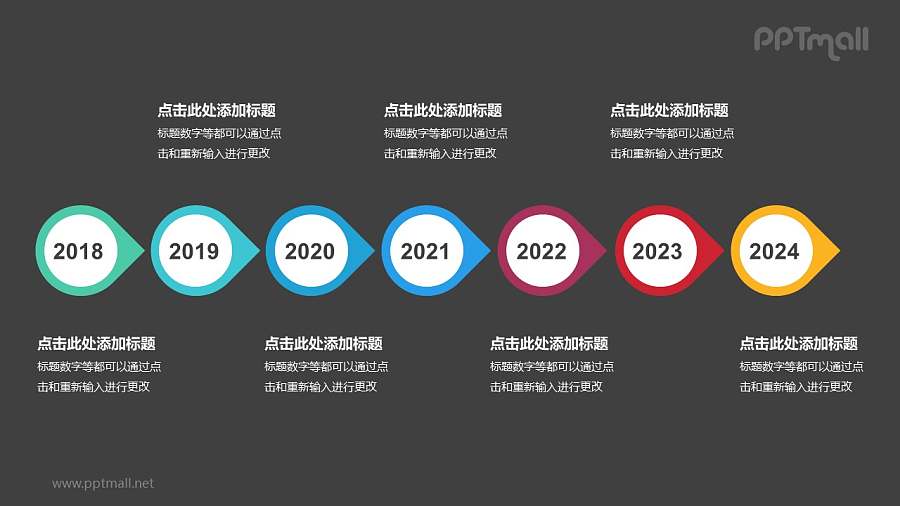 7个并列的泪滴形图案组成的时间轴递进关系PPT模板
