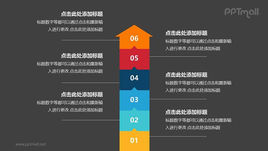 6个叠加的彩色箭头递进关系PPT模板