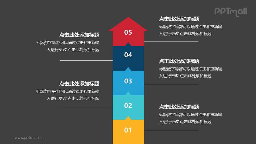 5个叠加的彩色箭头递进关系PPT模板