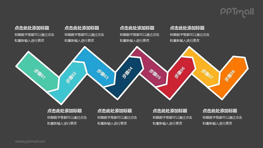 8个依次连接的彩色箭头递进关系PPT模板