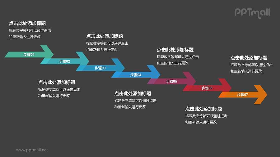 7个依次连接的半透明彩色箭头递进关系PPT模板