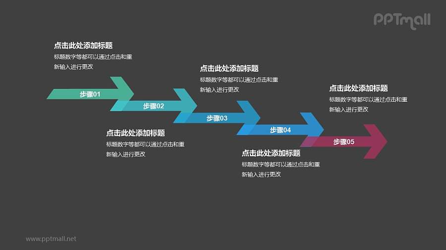 5个依次连接的半透明彩色箭头递进关系PPT模板
