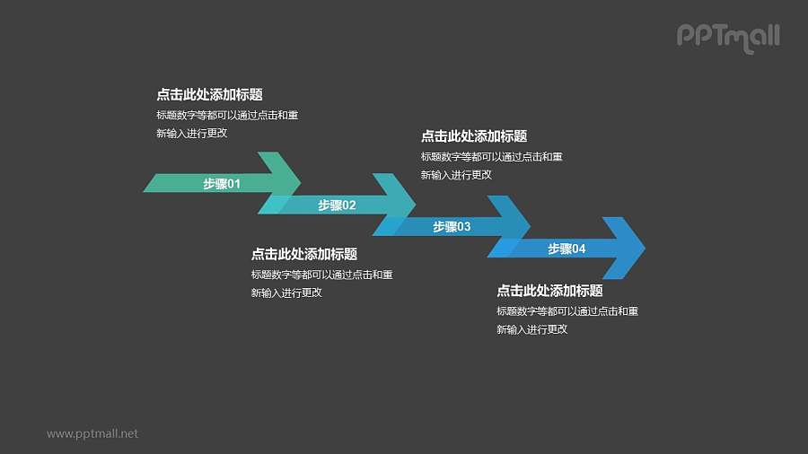 4个依次连接的半透明彩色箭头递进关系PPT模板