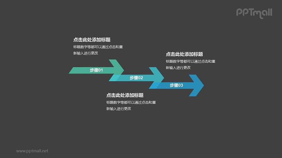 3个依次连接的半透明彩色箭头递进关系PPT模板