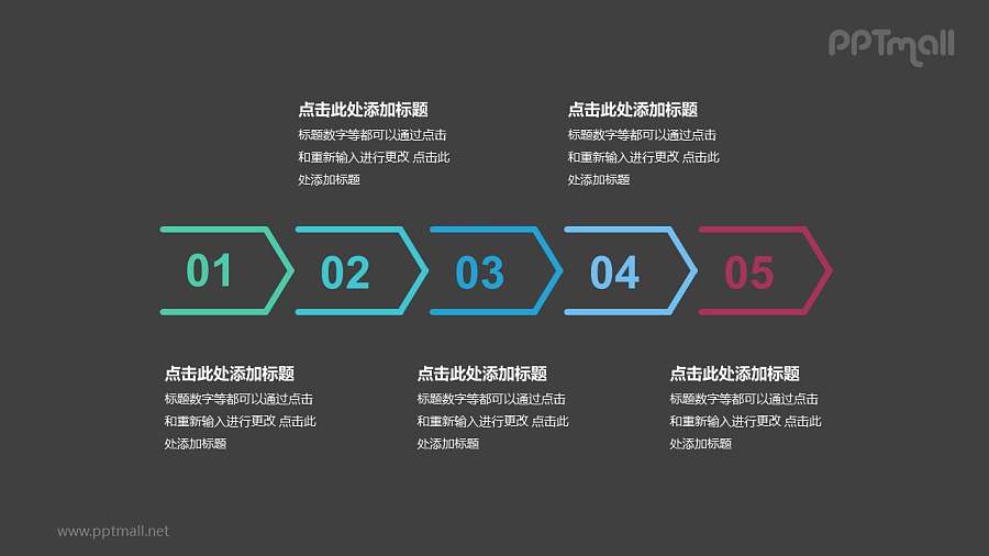 5个依次连接的彩色箭头递进关系PPT模板