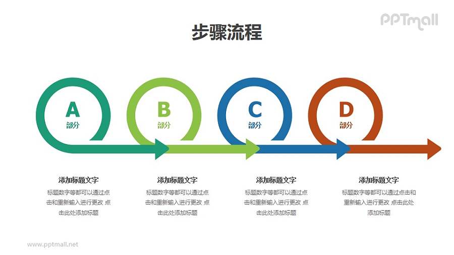 4个带箭头的圆圈递进关系图示PPT素材模板下载