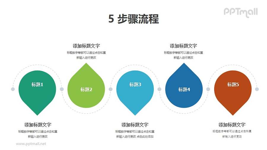 5个用虚线连接起来的地图地标并列/递进关系PPT图示素材