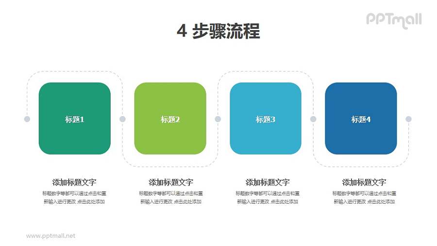 4个用虚线连接起来的圆角矩形并列/递进关系PPT图示素材