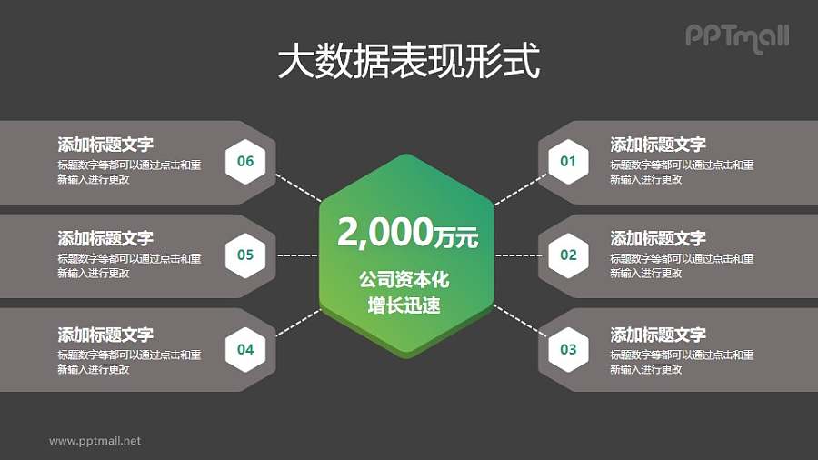 绿色六部分对称版式总分关系PPT图示下载