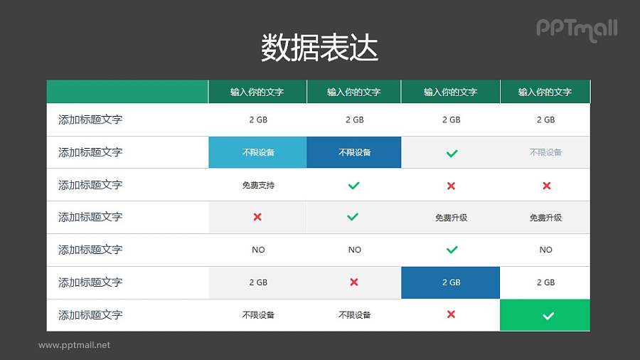 常规带勾和叉的属性对比表格PPT素材模板下载
