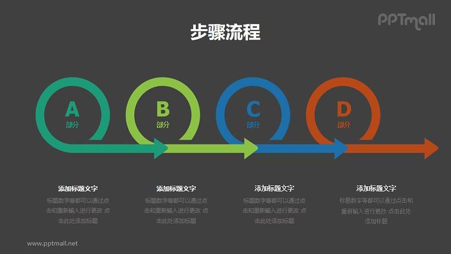 4个带箭头的圆圈递进关系图示PPT素材模板下载