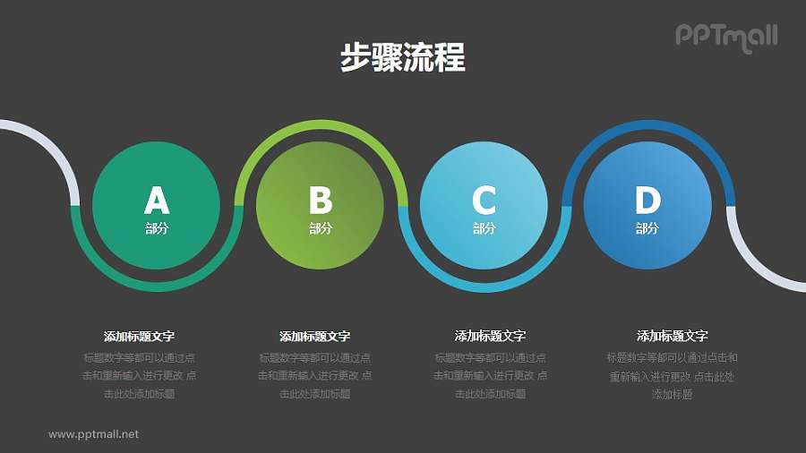 好看的4个蓝绿色圆圈并列/递进关系PPT图示素材