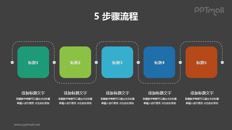 5个用虚线连接起来的圆角矩形并列/递进关系PPT图示素材