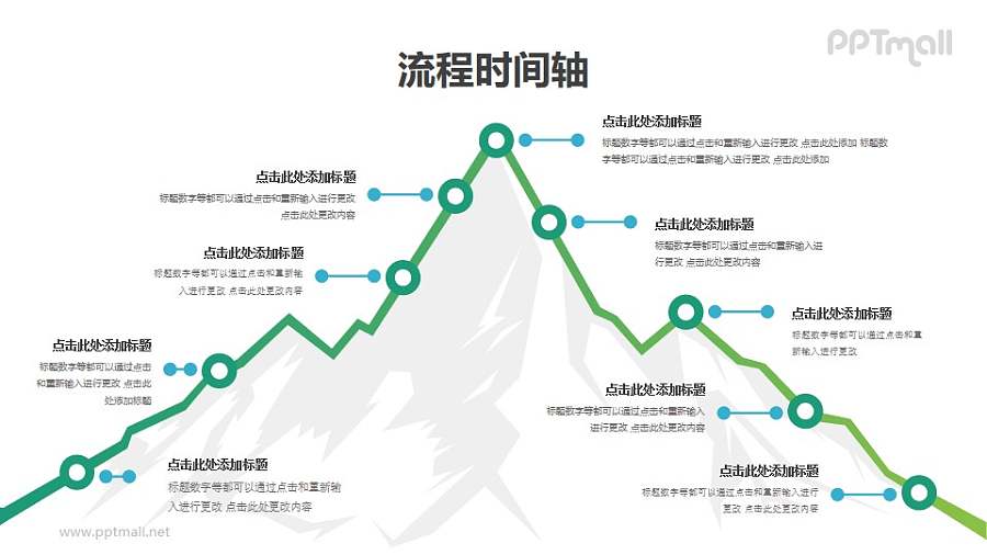 围绕雪山多节点向前延伸象征企业发展的PPT时间轴图示素材下载
