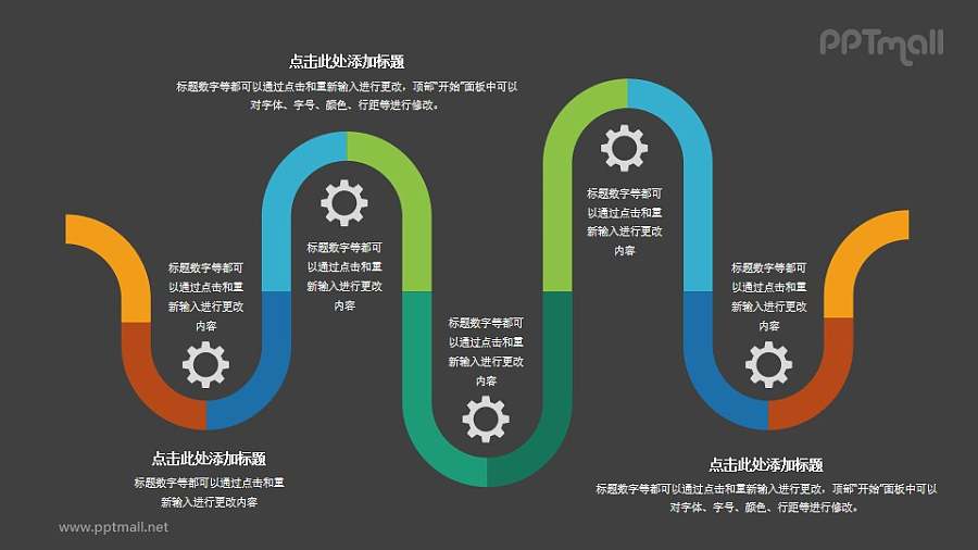 5部分波浪形（首尾相接）多彩色时间轴PPT素材模板下载