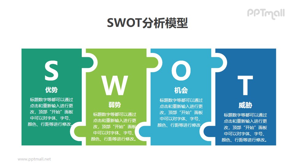 蓝绿拼图SWOT分析模型PPT素材下载