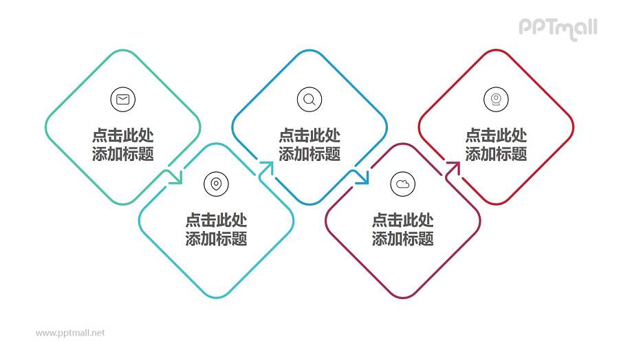 由5个带箭头错位链接的正方形组成的时间轴ppt模板