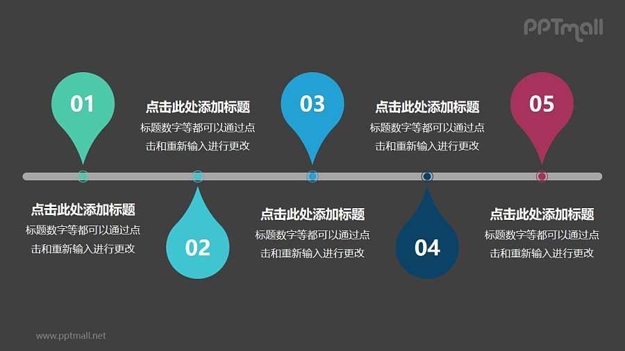 由5个上下水滴组合成的时间轴PPT素材模板