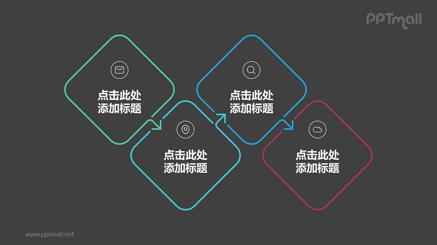 由4个带箭头错位链接的正方形组成的时间轴ppt模板