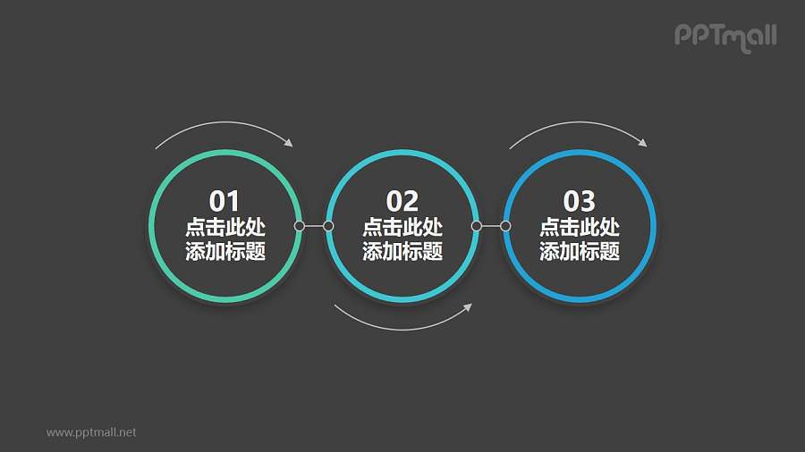 三个向右滚动的圆形组合而成的时间轴PPT素材模板