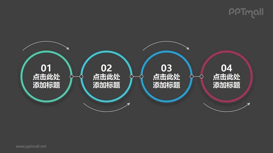 四个向右滚动的圆形组合而成的时间轴PPT素材模板