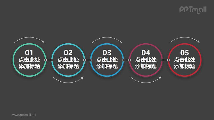 五个向右滚动的圆形组合而成的时间轴PPT素材模板