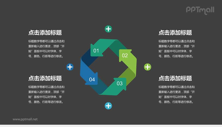 循环关系PPT模板下载：4步骤绿色渐变环形图