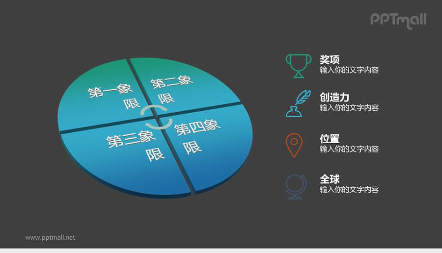 蓝色饼图PPT模板下载：四象限分析与创意展示