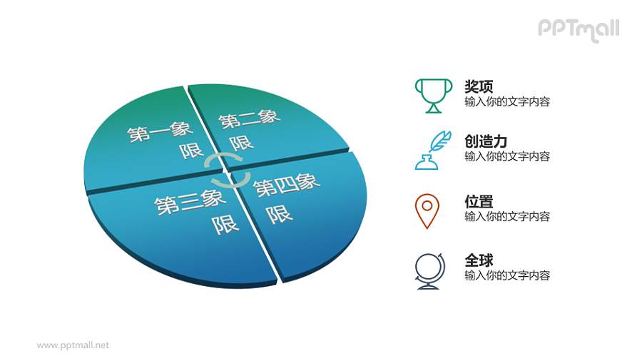 蓝色饼图PPT模板下载：四象限分析与创意展示